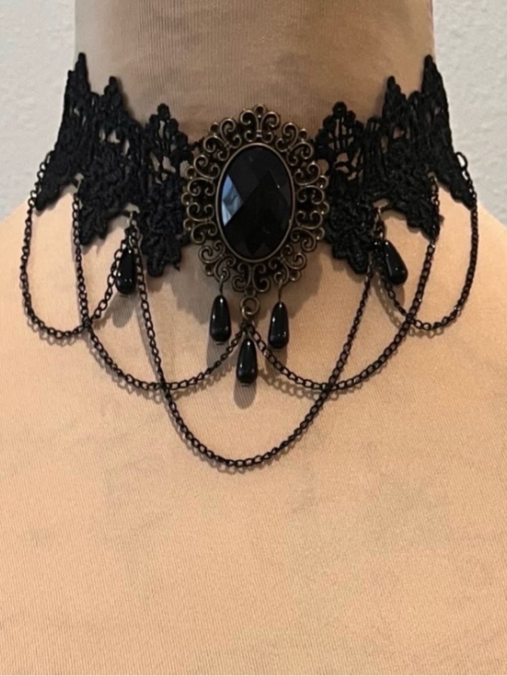 Black Gothic Lace Choker Necklace with Brass / Gold Filigree